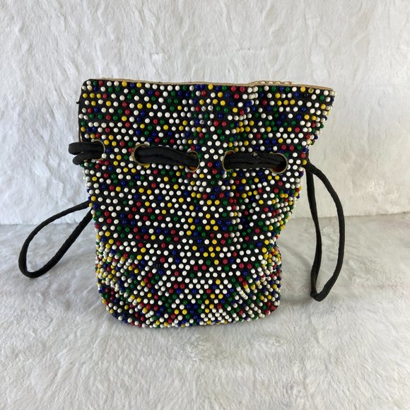 Vintage Candy Beaded drawstring Pouch Purse BoHo Hippie Candy Dots Plastic Beads - Picture 1 of 9